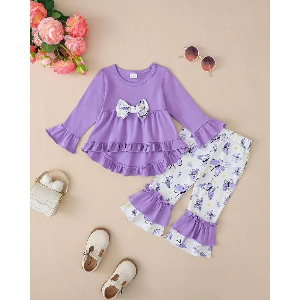Toddler Baby Girl Clothes Long Sleeve Shirt Ruffle Soft Tops Bell Bottom Long Pa
